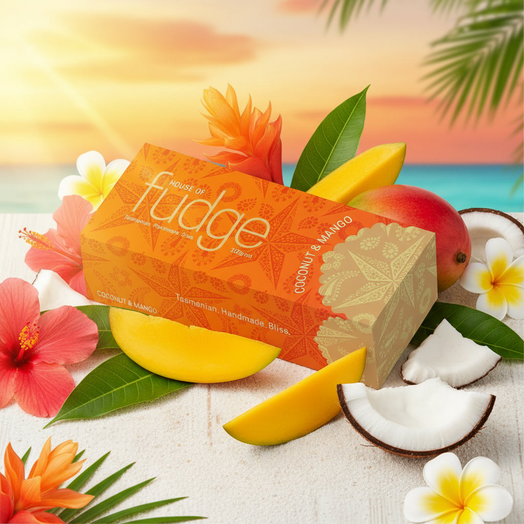 Box of House of Fudge Coconut & Mango fudge on a white background